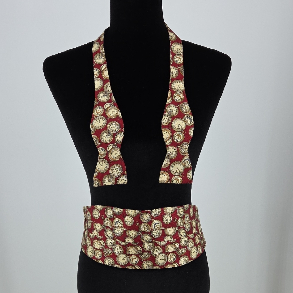 Vintage Clock Patterned Red and Gold Cumberbun With Bowtie.
